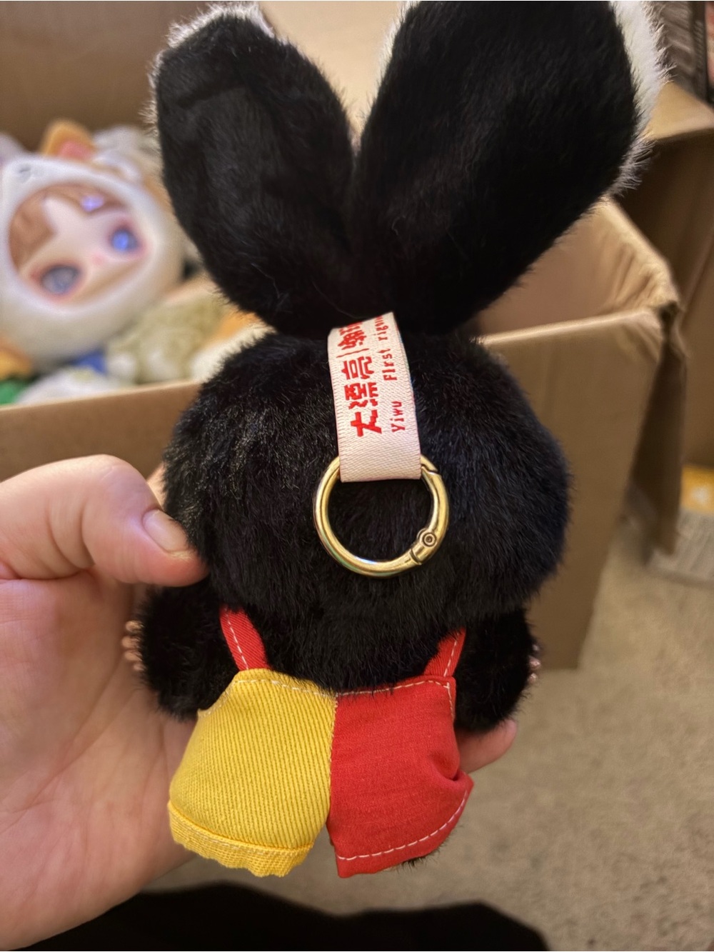 Cute Black Bunny Plush Doll with Red & Yellow Overalls - Picture 2 of 2